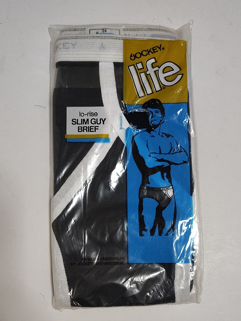 VTG 1972 Jockey Black Brief with White Trim Life Low-Rise Slim Guy NIP -Size 34